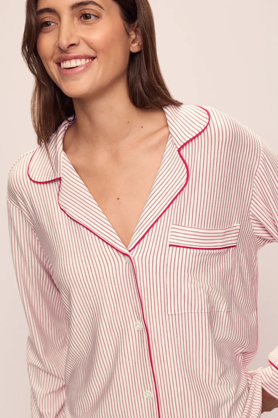 Gisele Printed Long PJ Set: Red Duo Stripe