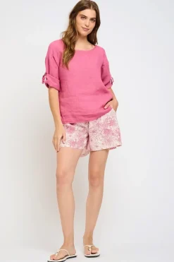 Patch Pocket Linen Shorts: Pink Floral